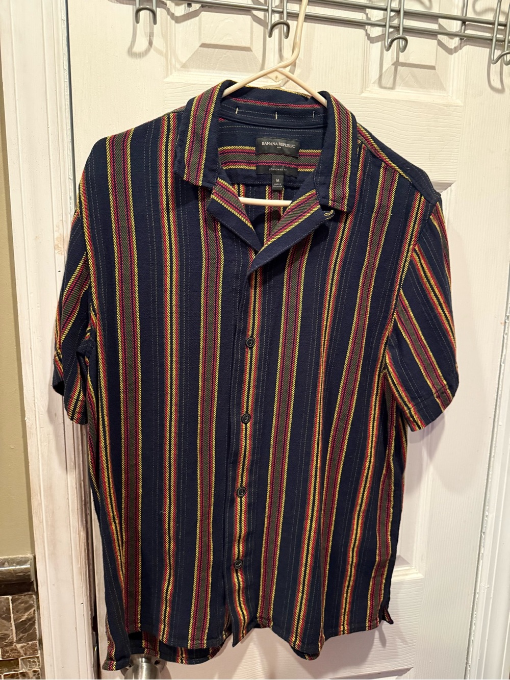 Banana Republic Navy Short-Sleeve Multicolor Stripe Button-Up Shirt